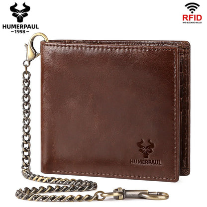 HUMERPAUL Genuine Leather Short Purse for Men Custom logo RFID Blocking Coin Pocket with Anti-Theft Chain Men Biker Wallets