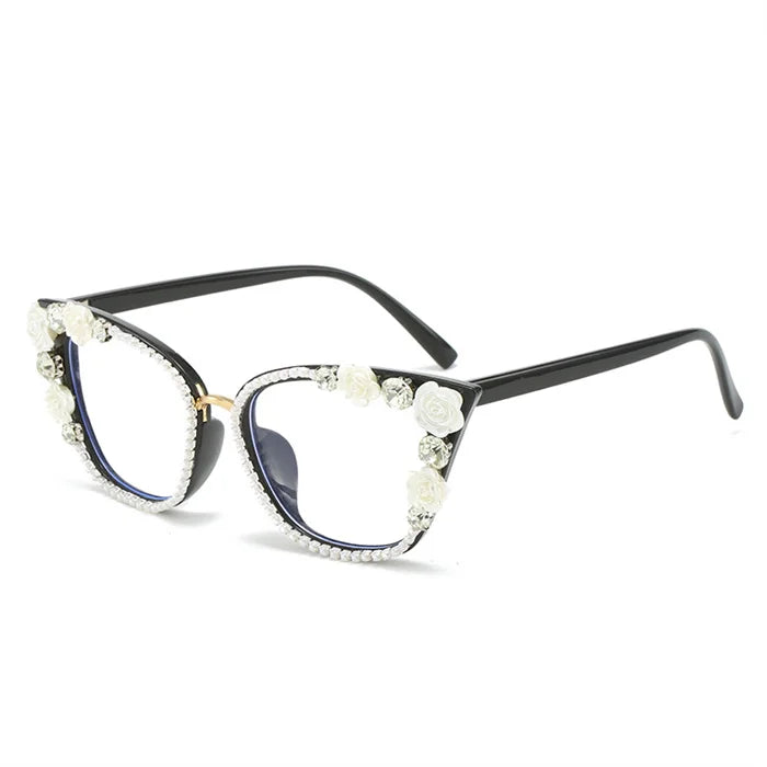 Handmade Diamond Pearl Rose Flower Decoration Clear Anti Blue Light Eyewear Large Frame Cat Eye Myopia Optical Glasses Frame