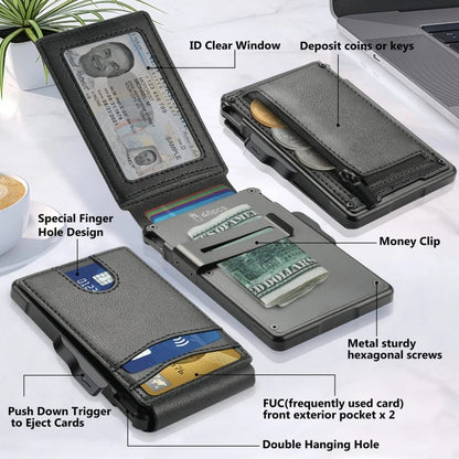 Customize Design CNC Frame Popup Aluminium Eject Card Holder and Microfiber Leather Wallet RFID