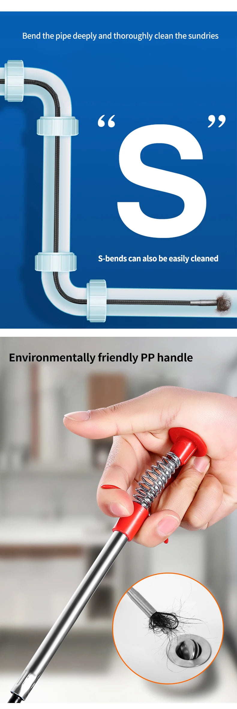 60cm Drain Snake Pipe Dredger Sink Clog Remover For Kitchen Household Use