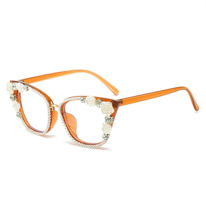 Handmade Diamond Pearl Rose Flower Decoration Clear Anti Blue Light Eyewear Large Frame Cat Eye Myopia Optical Glasses Frame