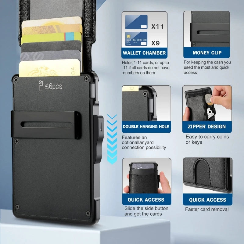 Customize Design CNC Frame Popup Aluminium Eject Card Holder and Microfiber Leather Wallet RFID