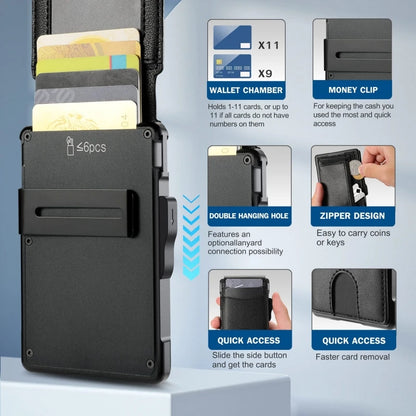 Customize Design CNC Frame Popup Aluminium Eject Card Holder and Microfiber Leather Wallet RFID
