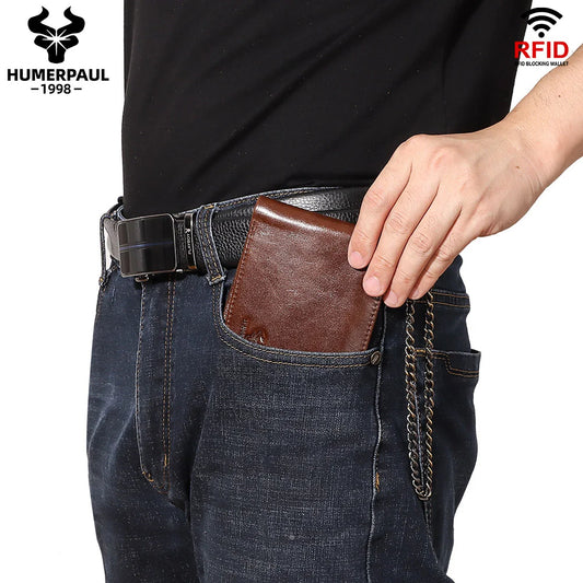 HUMERPAUL Genuine Leather Short Purse for Men Custom logo RFID Blocking Coin Pocket with Anti-Theft Chain Men Biker Wallets