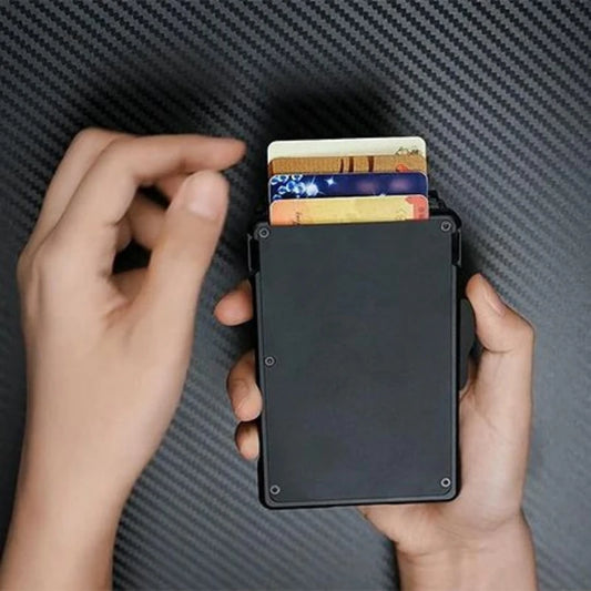 Customize Design CNC Frame Popup Aluminium Eject Card Holder and Microfiber Leather Wallet RFID