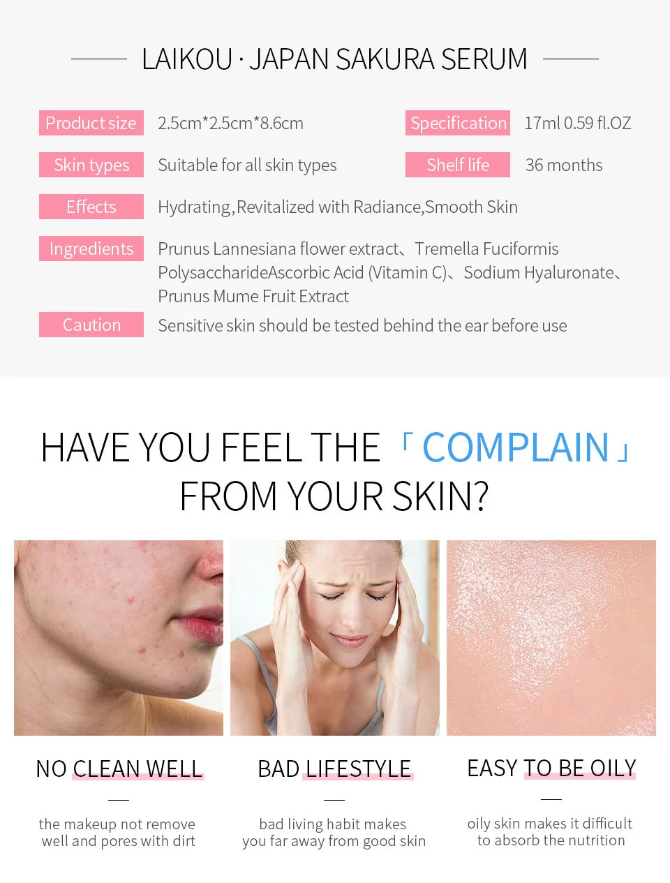 LAIKOU 17ML Japan Sakura Serum Nourish Essense Oil Control Pure 24K Gold Vitamin C Hyaluronic Acid Moisturing Skin Care Facecare