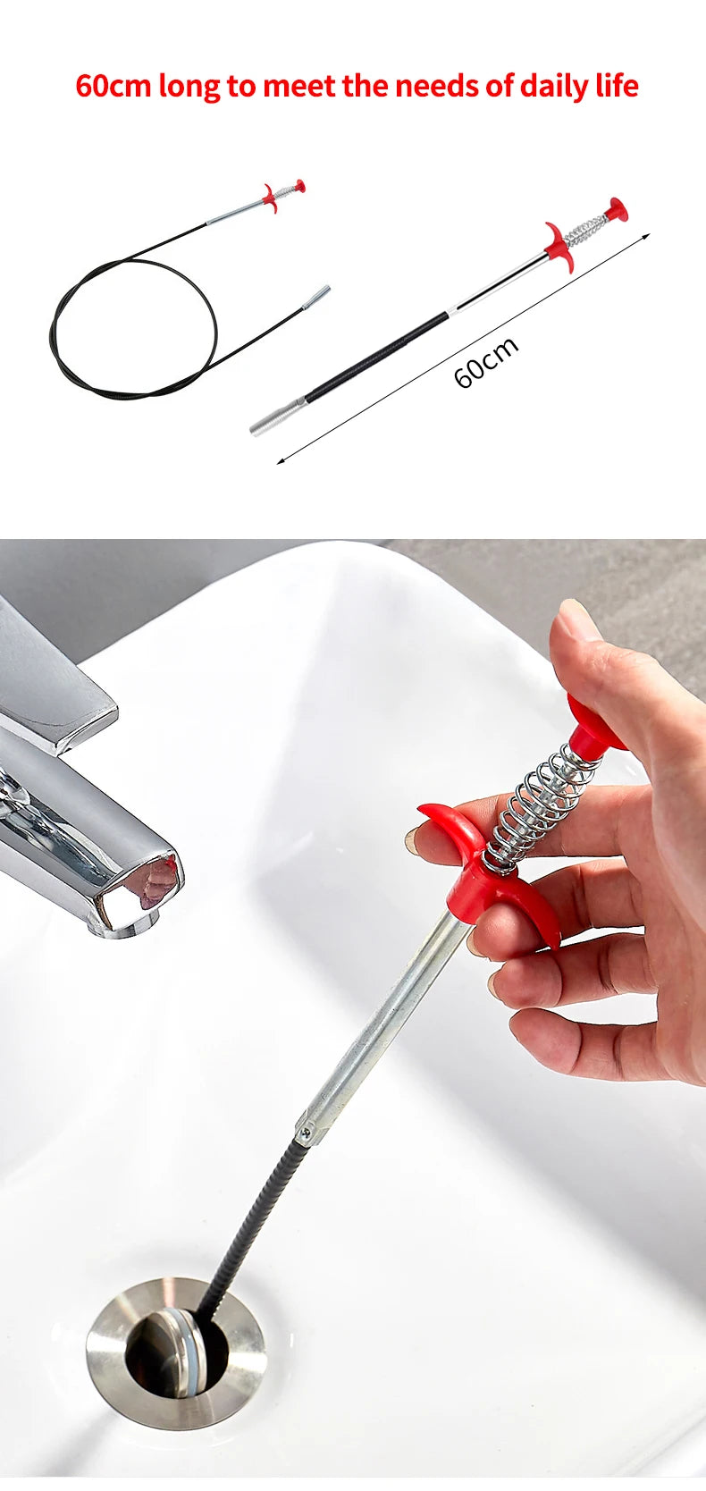 60cm Drain Snake Pipe Dredger Sink Clog Remover For Kitchen Household Use