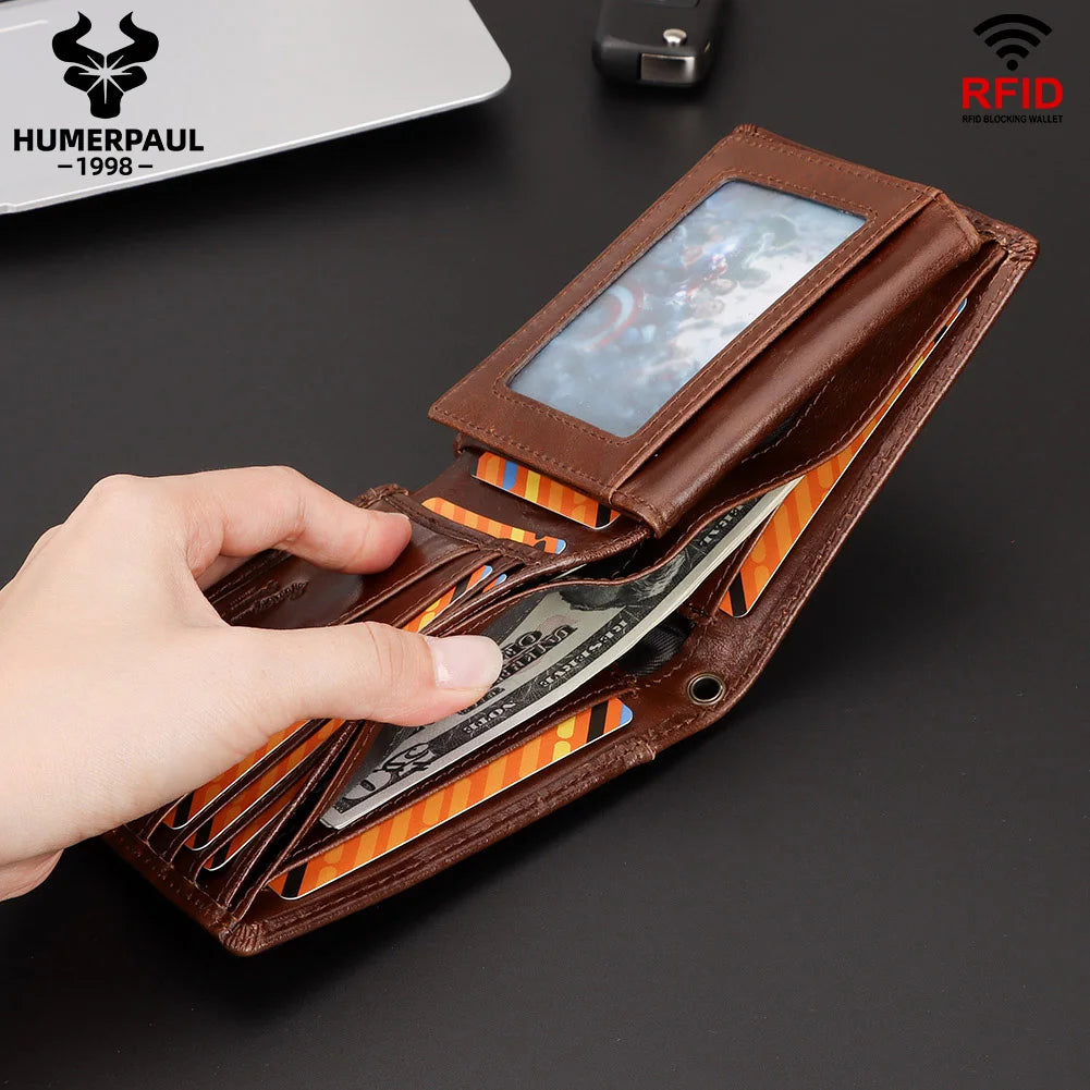 HUMERPAUL Genuine Leather Short Purse for Men Custom logo RFID Blocking Coin Pocket with Anti-Theft Chain Men Biker Wallets