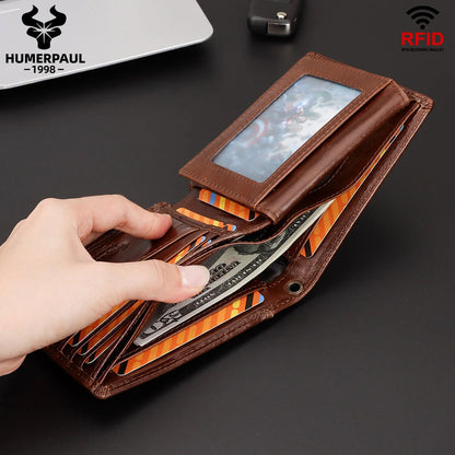 HUMERPAUL Genuine Leather Short Purse for Men Custom logo RFID Blocking Coin Pocket with Anti-Theft Chain Men Biker Wallets