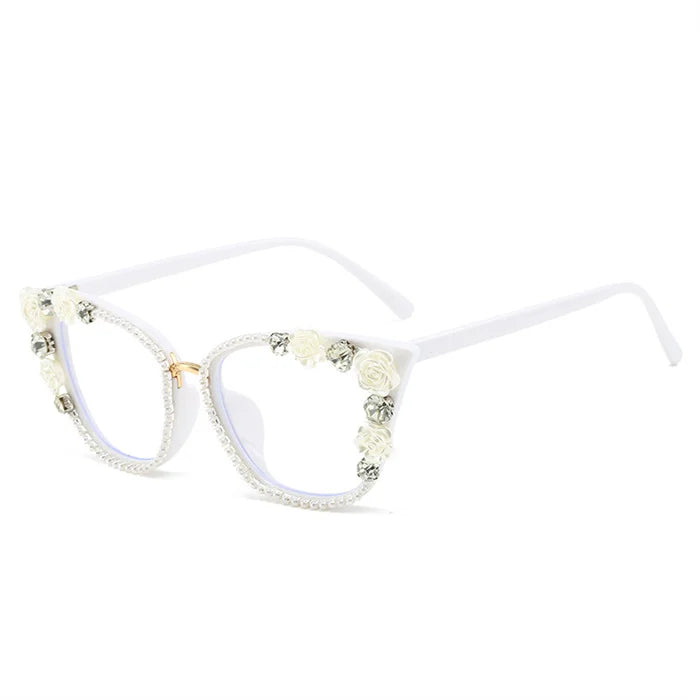 Handmade Diamond Pearl Rose Flower Decoration Clear Anti Blue Light Eyewear Large Frame Cat Eye Myopia Optical Glasses Frame