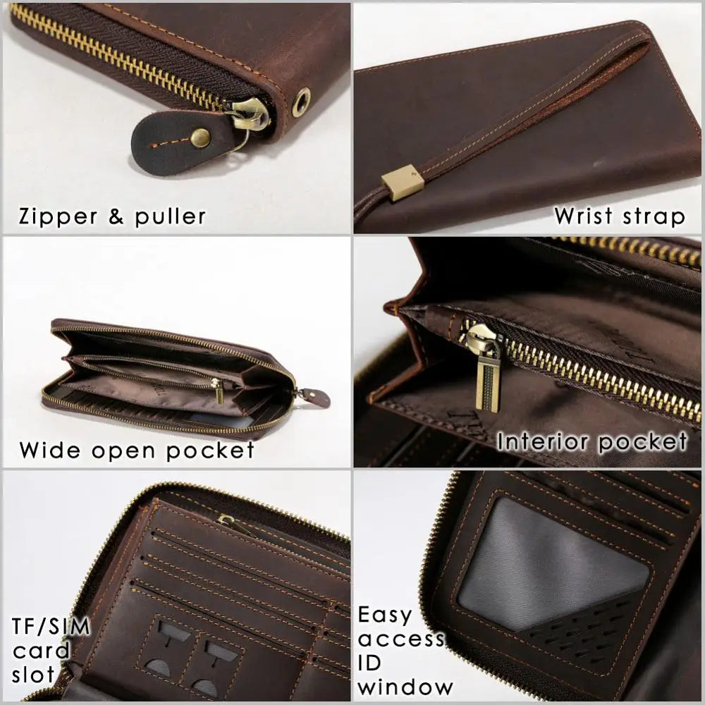 TIDING Retro Large Leather Casual Mens Clutch Travel Wallet Genuine Cowhide Leather Business Long Wallet