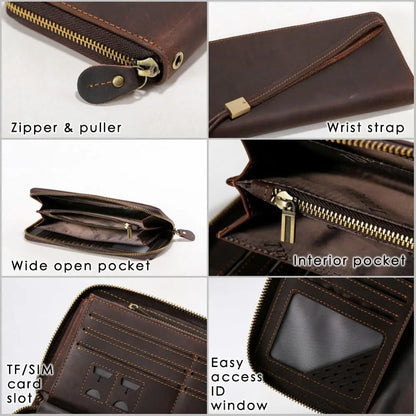 TIDING Retro Large Leather Casual Mens Clutch Travel Wallet Genuine Cowhide Leather Business Long Wallet