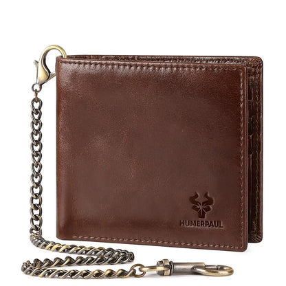 HUMERPAUL Genuine Leather Short Purse for Men Custom logo RFID Blocking Coin Pocket with Anti-Theft Chain Men Biker Wallets