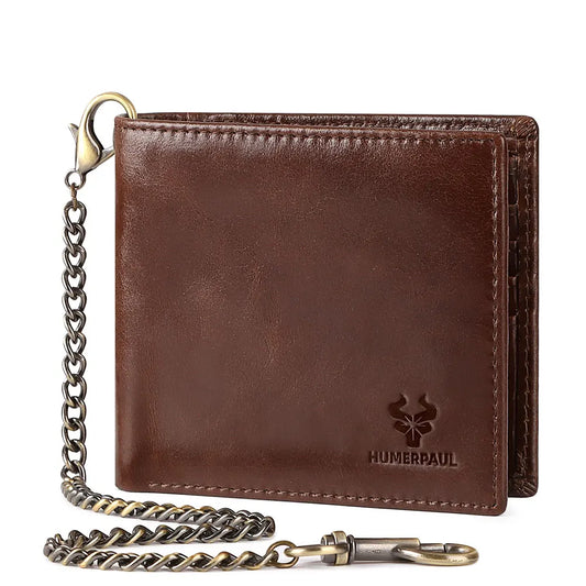 HUMERPAUL Genuine Leather Short Purse for Men Custom logo RFID Blocking Coin Pocket with Anti-Theft Chain Men Biker Wallets