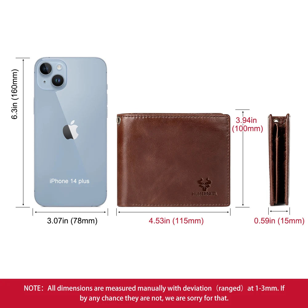 HUMERPAUL Genuine Leather Short Purse for Men Custom logo RFID Blocking Coin Pocket with Anti-Theft Chain Men Biker Wallets