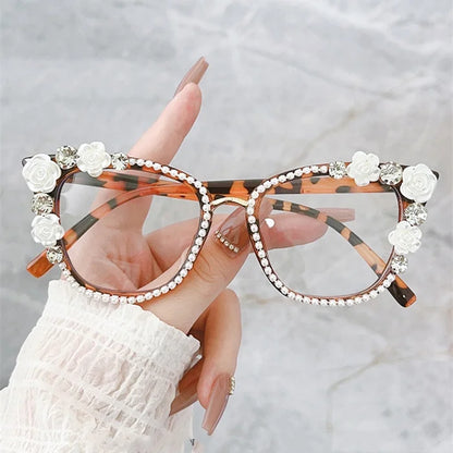 Handmade Diamond Pearl Rose Flower Decoration Clear Anti Blue Light Eyewear Large Frame Cat Eye Myopia Optical Glasses Frame