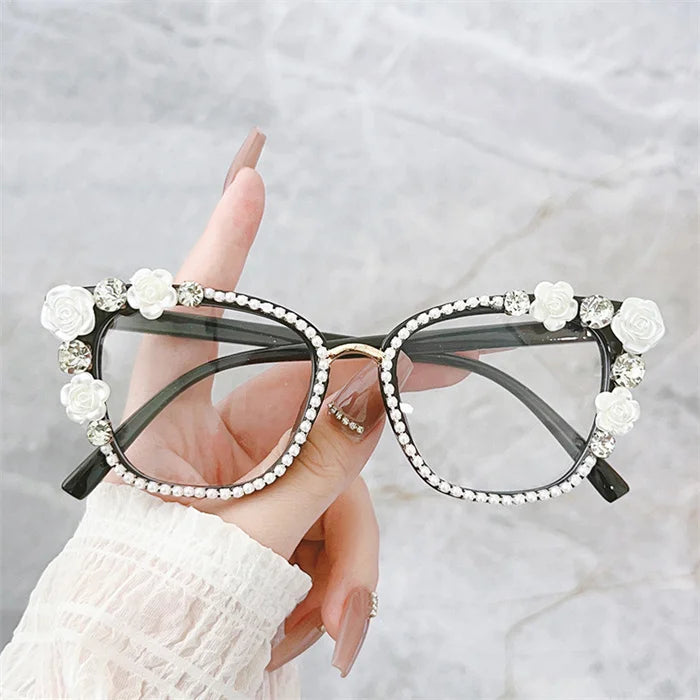 Handmade Diamond Pearl Rose Flower Decoration Clear Anti Blue Light Eyewear Large Frame Cat Eye Myopia Optical Glasses Frame