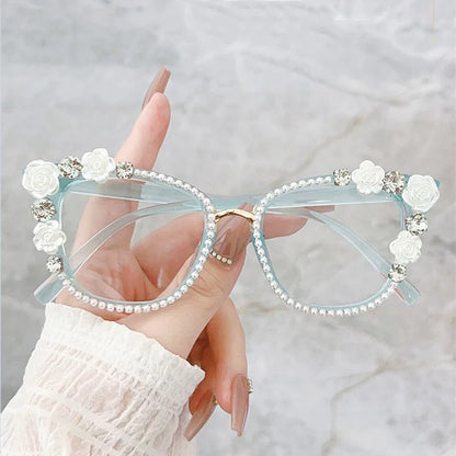 Handmade Diamond Pearl Rose Flower Decoration Clear Anti Blue Light Eyewear Large Frame Cat Eye Myopia Optical Glasses Frame
