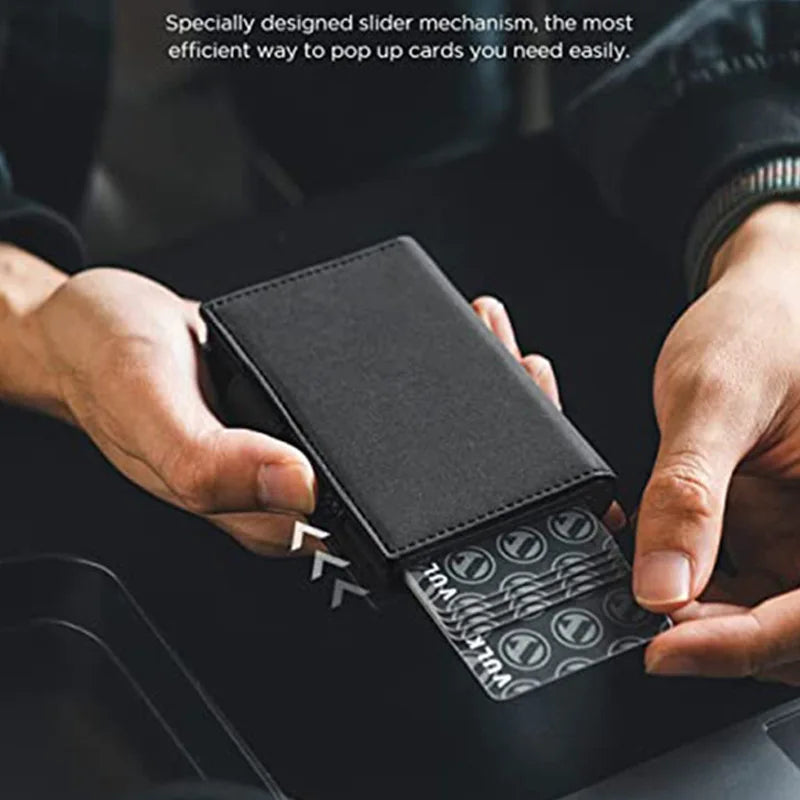 High Capacity Tri-Fold Design Rfid Blocking Pop up Leather Business ID Credit Card Holder Wallet With Air Tag Functionality