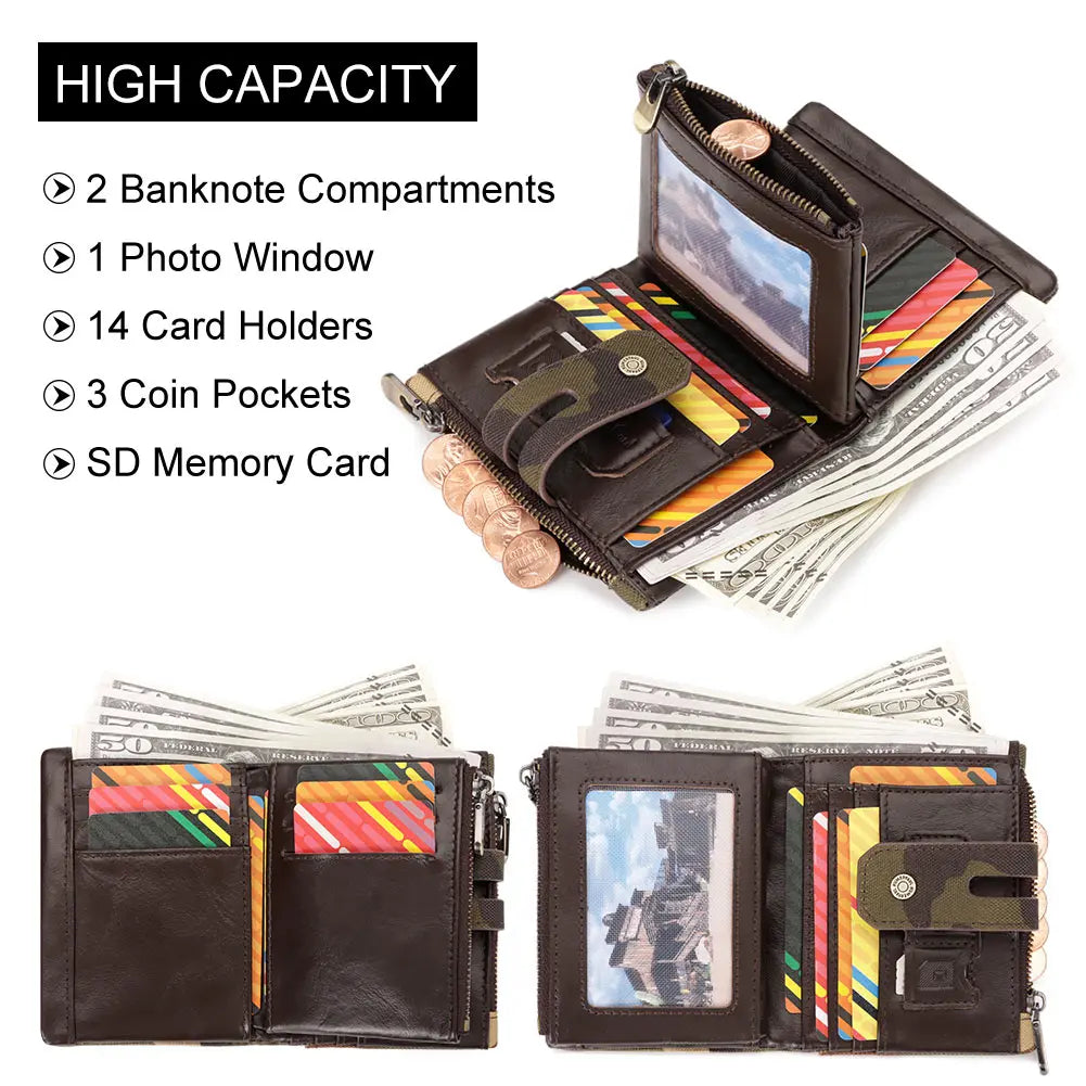 HUMERPAUL Oxford Wallet for Men RFID Blocking Credit Cards Holder Purse Inner Top Layer Leather Male Zipper Coin Pocket