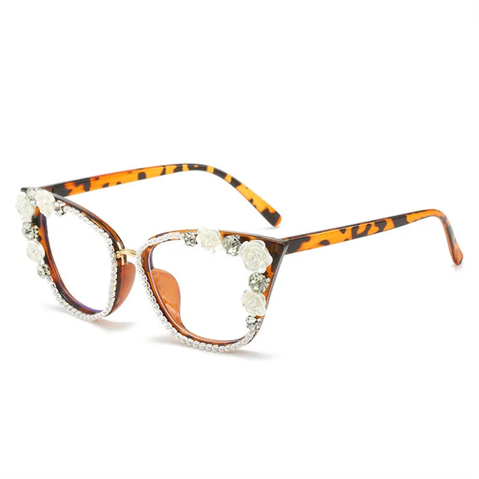 Handmade Diamond Pearl Rose Flower Decoration Clear Anti Blue Light Eyewear Large Frame Cat Eye Myopia Optical Glasses Frame