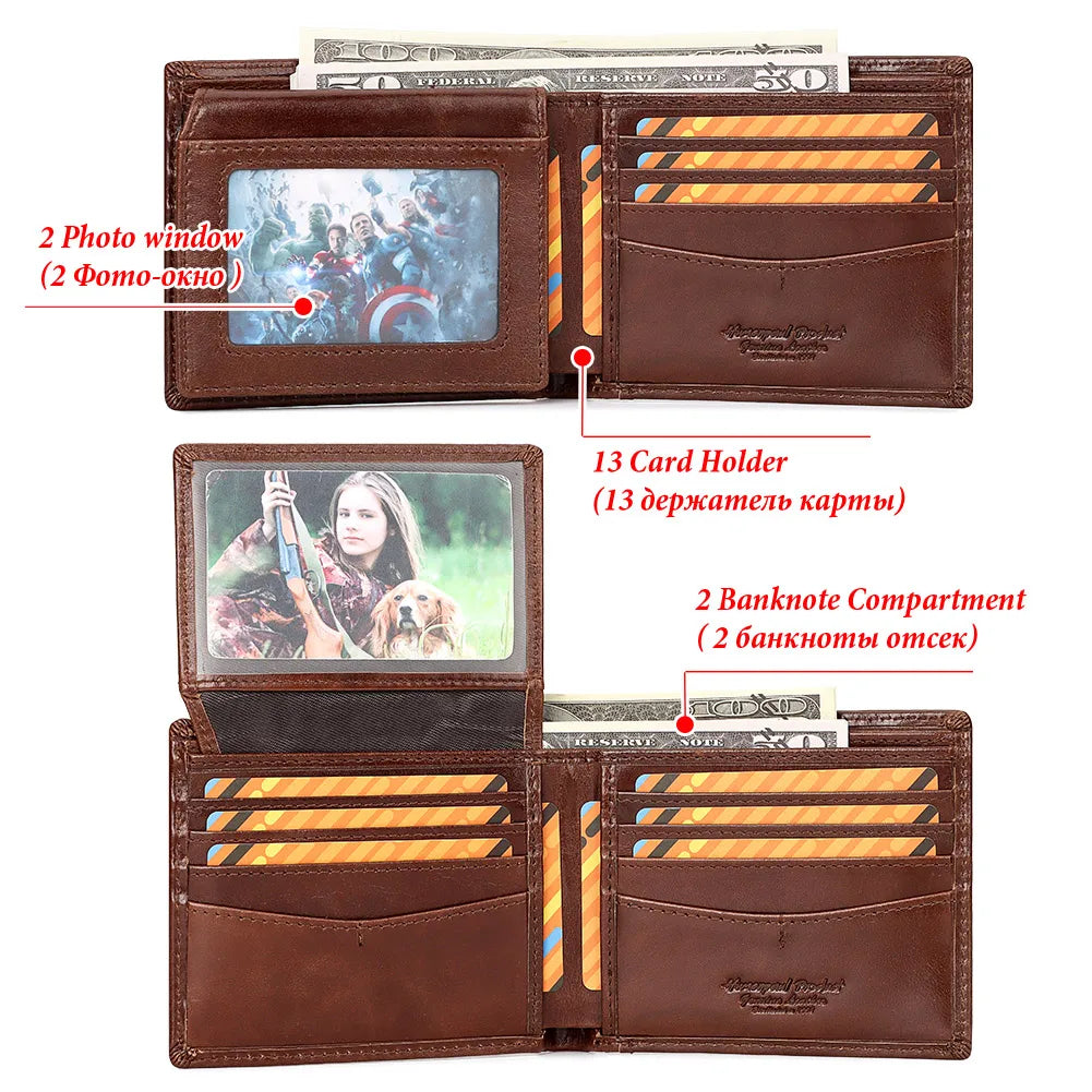 HUMERPAUL Genuine Leather Short Purse for Men Custom logo RFID Blocking Coin Pocket with Anti-Theft Chain Men Biker Wallets