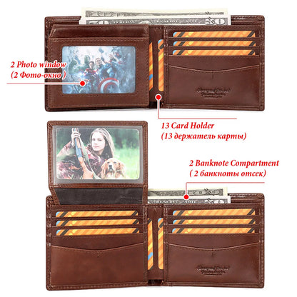 HUMERPAUL Genuine Leather Short Purse for Men Custom logo RFID Blocking Coin Pocket with Anti-Theft Chain Men Biker Wallets