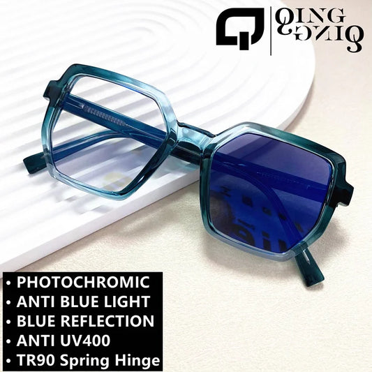 Anti Uv400 Outdoor Computer TR90 Spring Hinge Irregular Oversize Antireflet Lunettes Women Photochromic Blue Light Glasses Solid