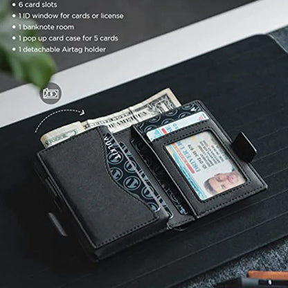 High Capacity Tri-Fold Design Rfid Blocking Pop up Leather Business ID Credit Card Holder Wallet With Air Tag Functionality