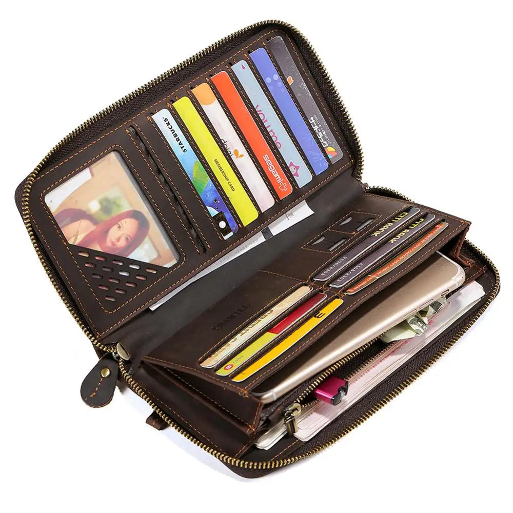 TIDING Retro Large Leather Casual Mens Clutch Travel Wallet Genuine Cowhide Leather Business Long Wallet