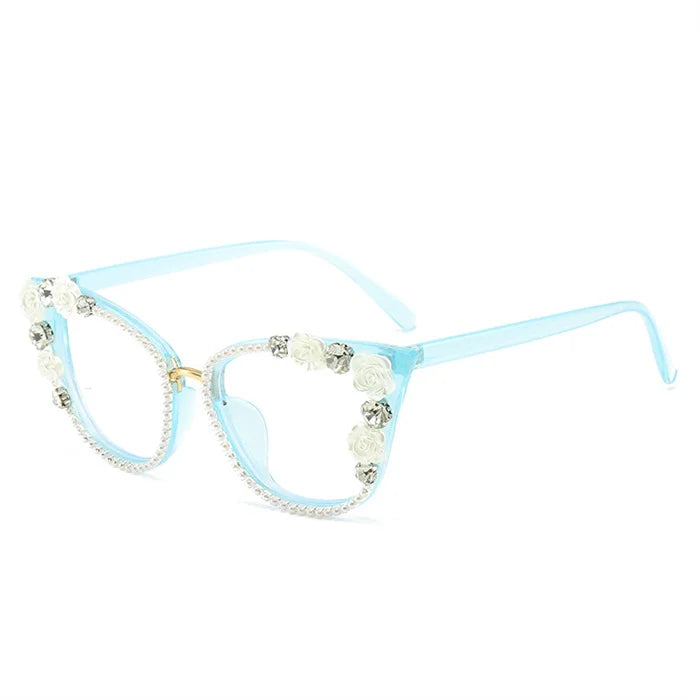Handmade Diamond Pearl Rose Flower Decoration Clear Anti Blue Light Eyewear Large Frame Cat Eye Myopia Optical Glasses Frame