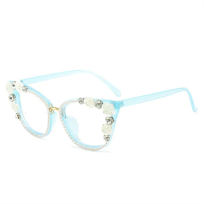 Handmade Diamond Pearl Rose Flower Decoration Clear Anti Blue Light Eyewear Large Frame Cat Eye Myopia Optical Glasses Frame