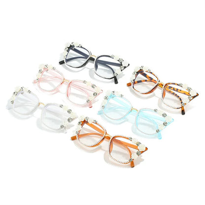 Handmade Diamond Pearl Rose Flower Decoration Clear Anti Blue Light Eyewear Large Frame Cat Eye Myopia Optical Glasses Frame