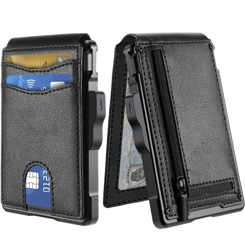 Customize Design CNC Frame Popup Aluminium Eject Card Holder and Microfiber Leather Wallet RFID