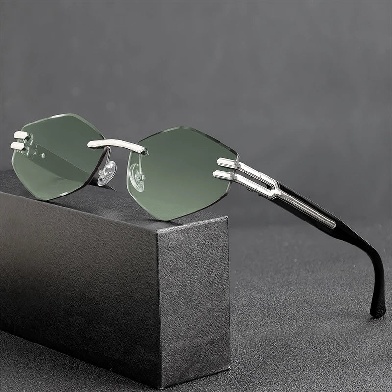 HBK Luxury Fashion Sunglasses Rimless Frameless Polygon Gradient Lens With UV400 Protection Custom Logo on Alloy Frame in Blue