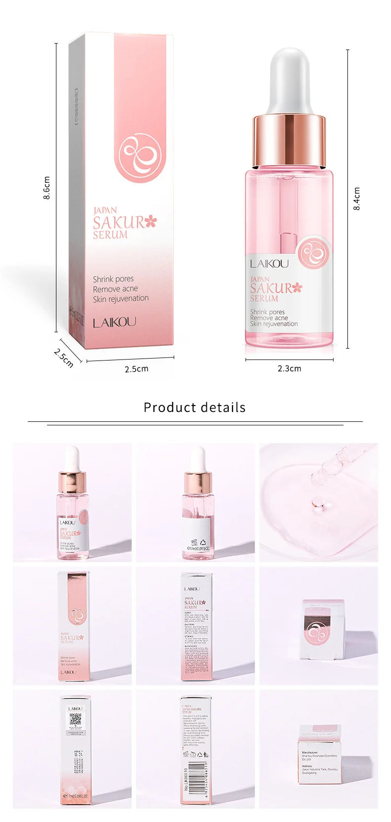 LAIKOU 17ML Japan Sakura Serum Nourish Essense Oil Control Pure 24K Gold Vitamin C Hyaluronic Acid Moisturing Skin Care Facecare
