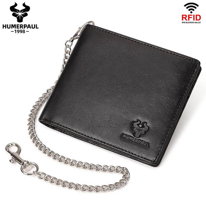 HUMERPAUL Genuine Leather Short Purse for Men Custom logo RFID Blocking Coin Pocket with Anti-Theft Chain Men Biker Wallets