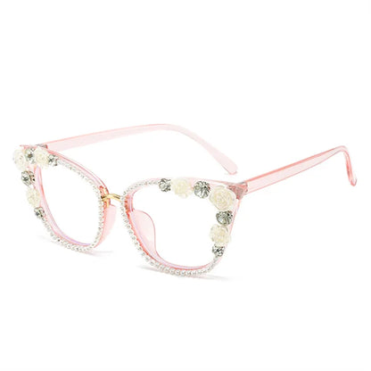 Handmade Diamond Pearl Rose Flower Decoration Clear Anti Blue Light Eyewear Large Frame Cat Eye Myopia Optical Glasses Frame