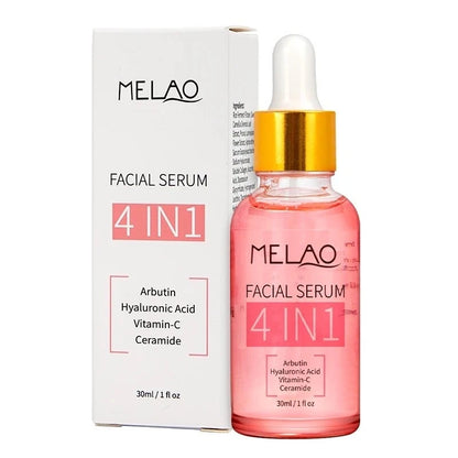 MELAO 4 IN 1 Facial Serum in a 30ml dropper bottle next to its white packaging box, featuring pink liquid, a gold collar, and a white cap.