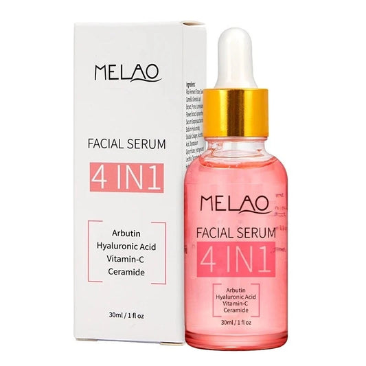 MELAO 4 IN 1 Facial Serum in a 30ml dropper bottle next to its white packaging box, featuring pink liquid, a gold collar, and a white cap.