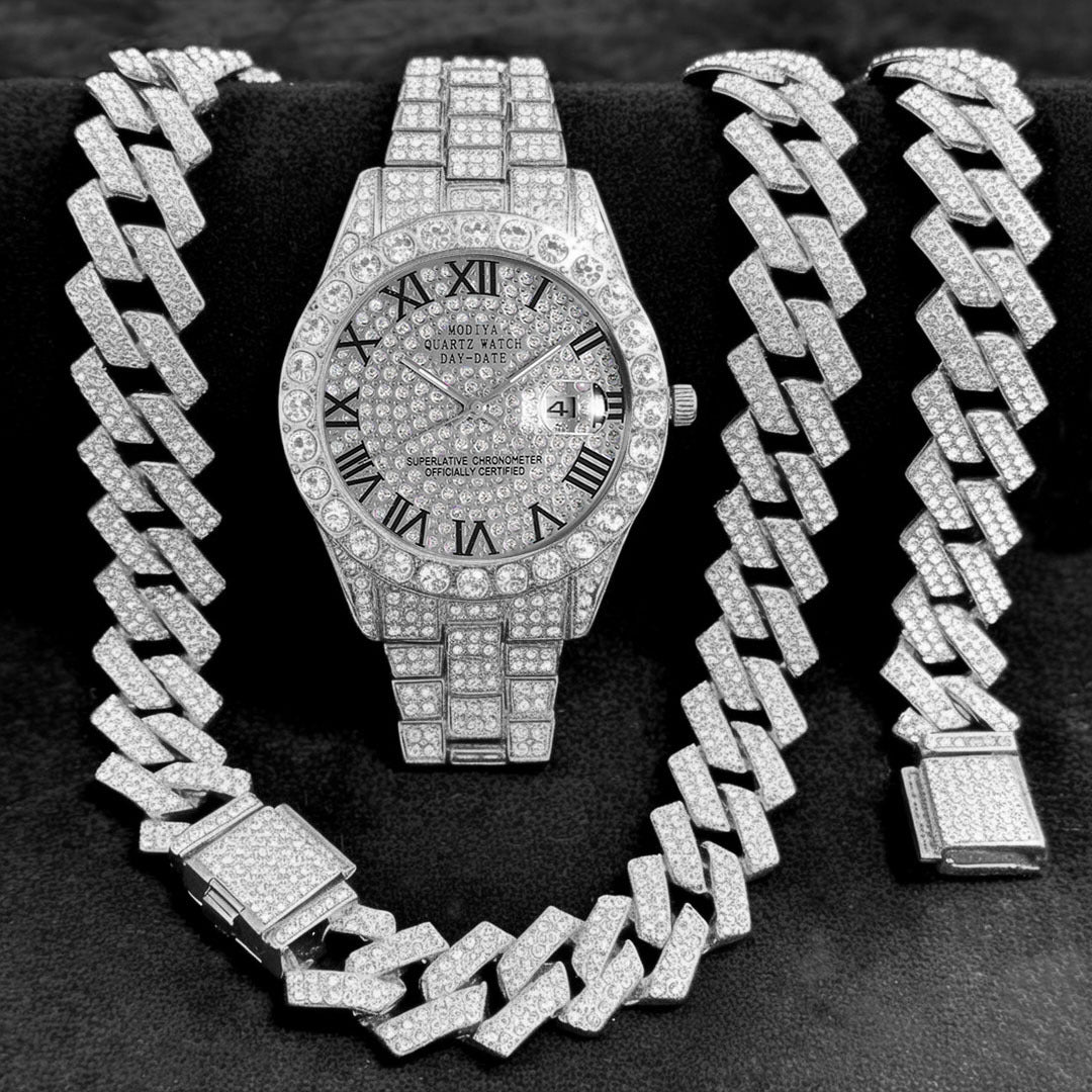 [Bross-Border Hot Item] 16-Piece Set of Various Diamond-Encrusted Watches, Diamond-Shaped Cuban Bracelets and Necklaces, Three-Piece Set