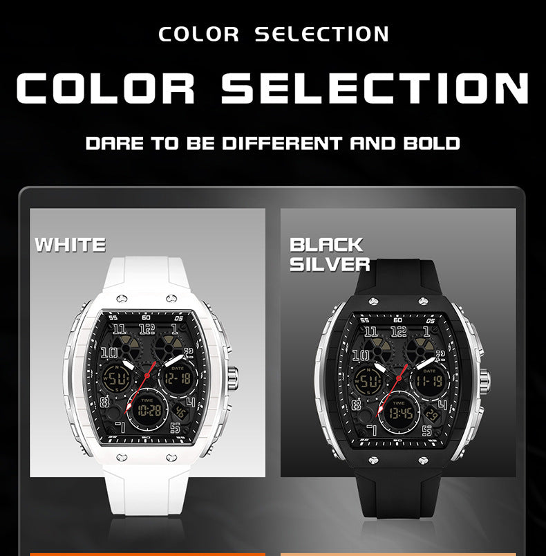Ofns Fashion Watch Sports Waterproof Watch Barrel-Shaped Multi-Function Luminous Dual-Time Student Digital Watch