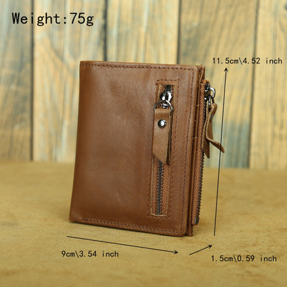 Shikangxin Vintage Genuine Leather Wallet Men's Short Wallet Multifunctional Zipper Bag Casual Oil Wax Cowhide Wallet