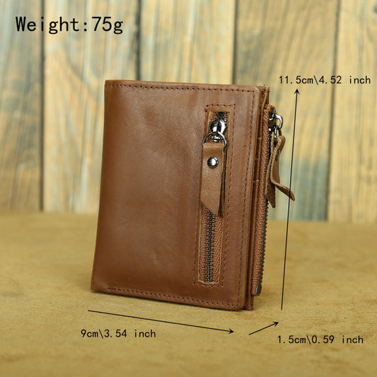 Shikangxin Vintage Genuine Leather Wallet Men's Short Wallet Multifunctional Zipper Bag Casual Oil Wax Cowhide Wallet