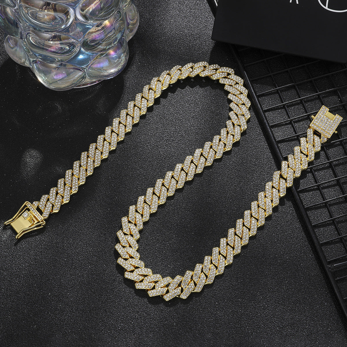 [Bross-Border Hot Item] 16-Piece Set of Various Diamond-Encrusted Watches, Diamond-Shaped Cuban Bracelets and Necklaces, Three-Piece Set
