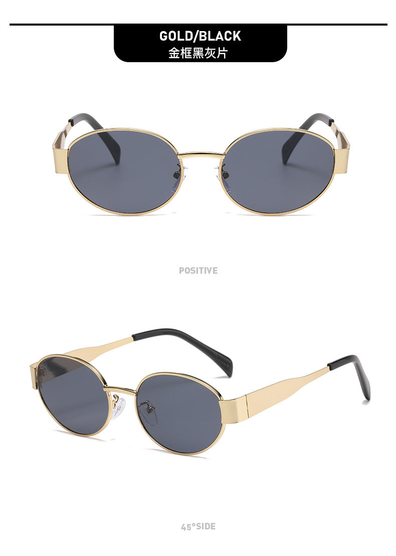 New Metal Oval Sunscreen Sunglasses Cross-Mirror European and American Ins Xiaohongshu Same Style Sunglasses Amazon Hot Selling