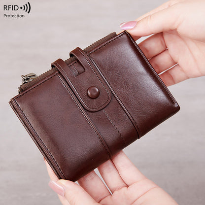 Cross-Border 2025Rfid Anti-Theft Wallet Retro Oil Wax Leather Double Zipper Coin Purse European and American Fashion Short Wallet