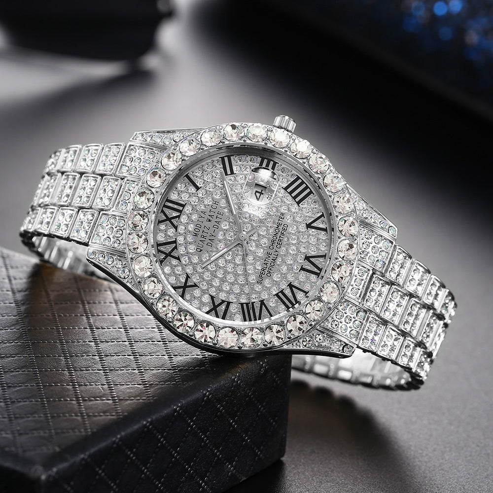 [Bross-Border Hot Item] 16-Piece Set of Various Diamond-Encrusted Watches, Diamond-Shaped Cuban Bracelets and Necklaces, Three-Piece Set