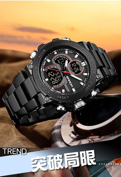 Sanda foreign trade best selling electronic watch fashion business steel band luminous wrist watch multi-functional dual display men's watch wholesale