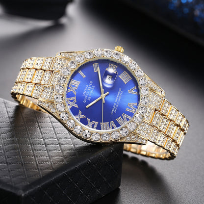 [Bross-Border Hot Item] 16-Piece Set of Various Diamond-Encrusted Watches, Diamond-Shaped Cuban Bracelets and Necklaces, Three-Piece Set